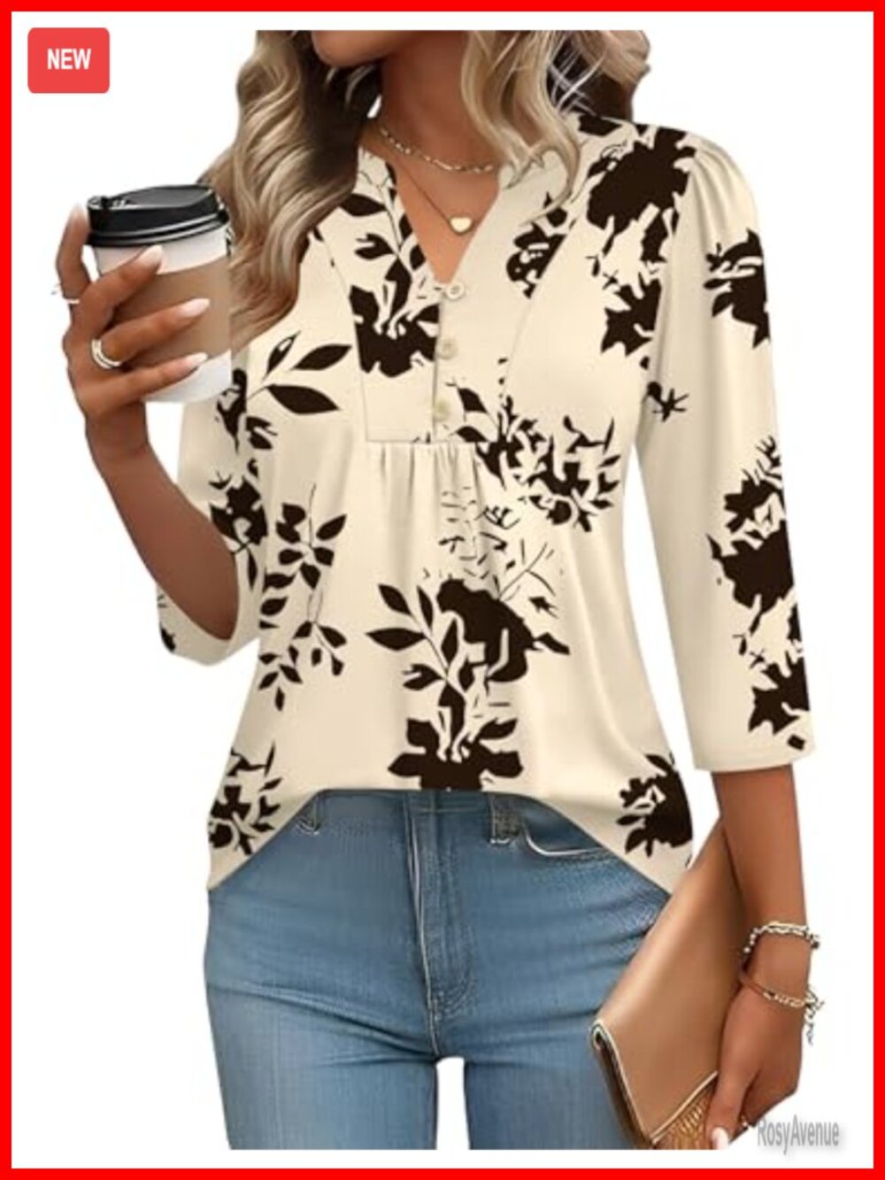 Womens 3/4 Sleeve Henley V-Neck Blouse Dressy Casual Tunic Top Puff Sleeve